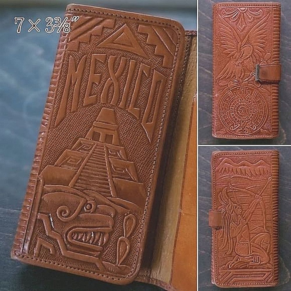Vtg Mexican hazel tooled leather trifold clutch wallet